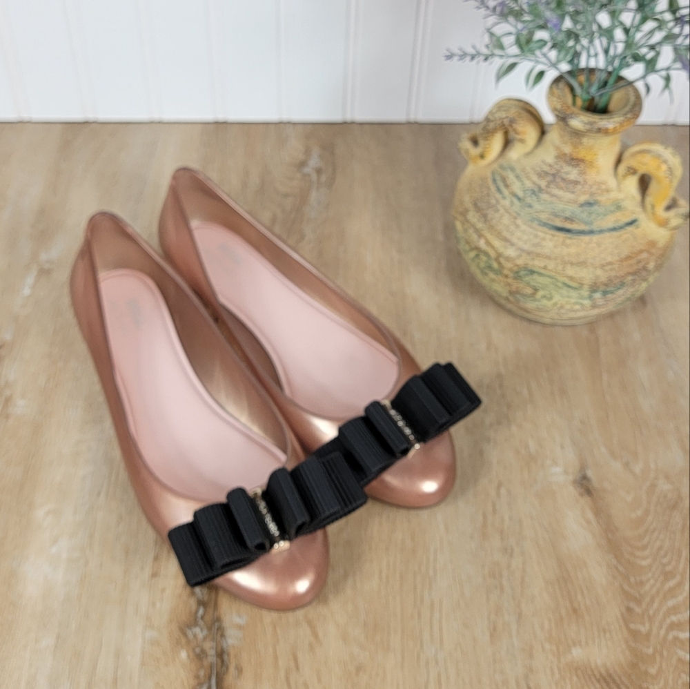 Melissa + Jason Wu Rose Gold Jelly Shoe with Black Bow